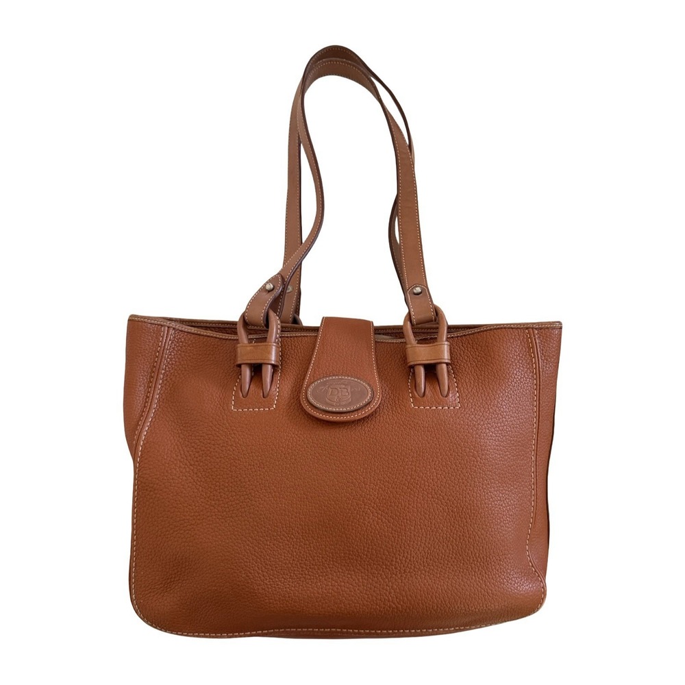 VTG Dooney & Bourke Pebbled Leather Large Tote Handbag British Tan Embossed Logo